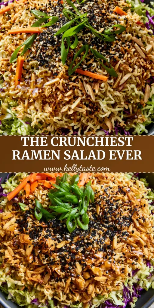 A vibrant Ramen noodle salad in a charcoal bowl featuring shredded green and purple cabbage, toasted golden-brown noodles, almonds, and matchstick carrots.