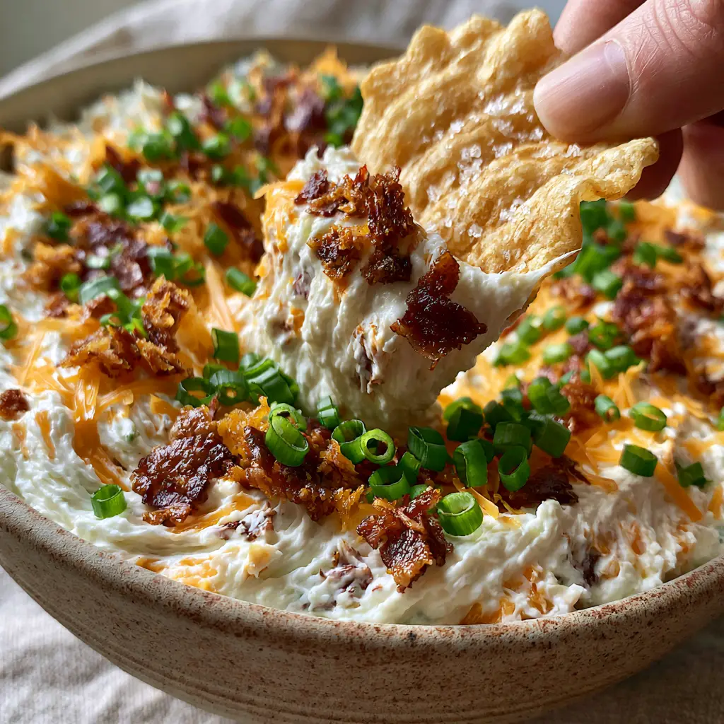 Overhead view of a rustic bowl filled with cold chip dip, garnished with bright green scallions and crispy bacon bits.