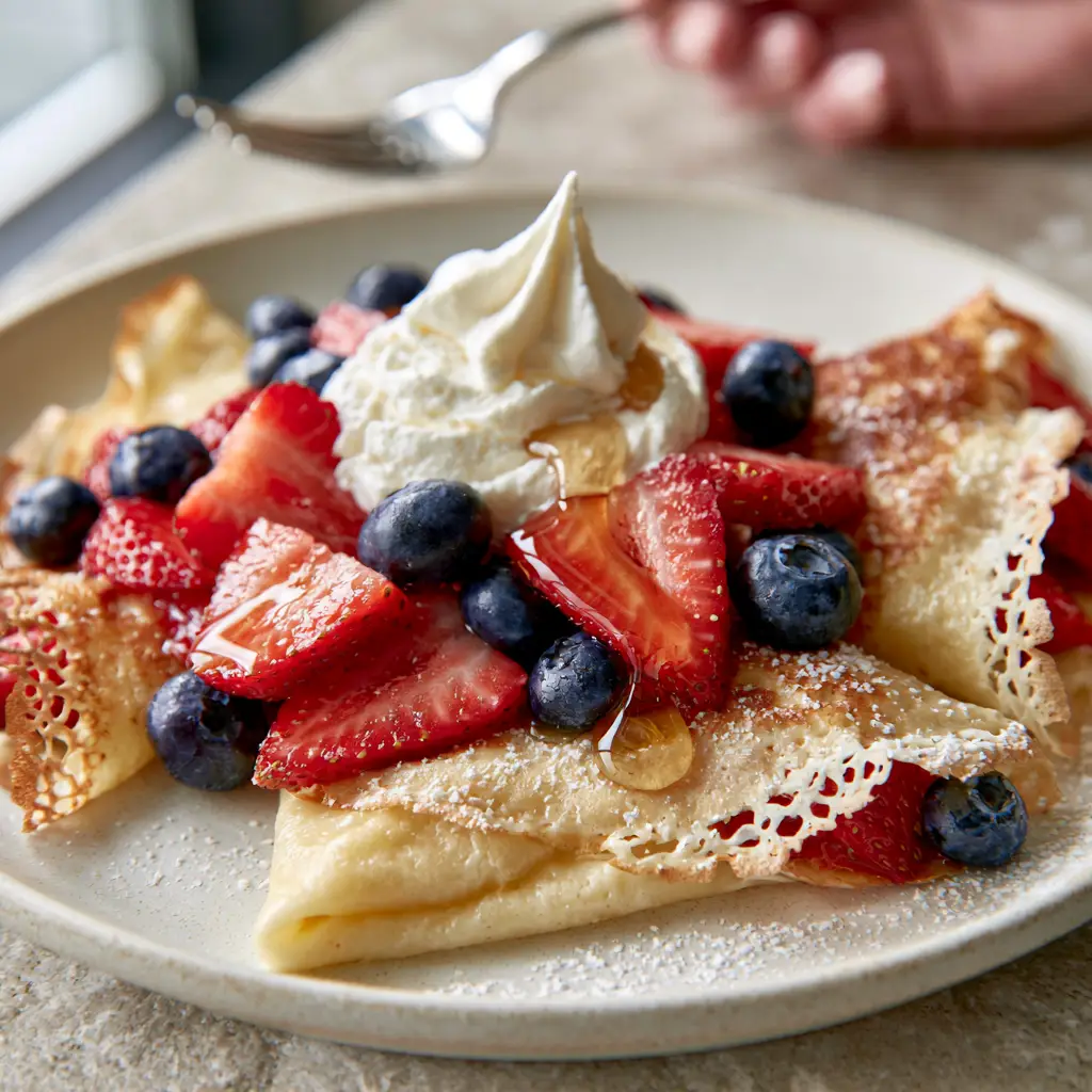 Authentic handheld photo of three fruit crepes on a matte ceramic plate with a silver fork in the background.