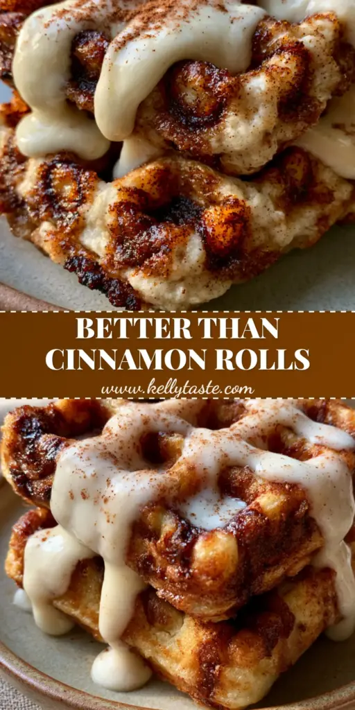 A stack of two thick Belgian cinnamon brown sugar waffles with deep pockets, dark amber swirls, and a heavy white cream cheese glaze drizzle.