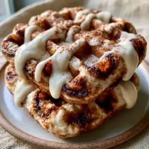 Close up of caramelized cinnamon brown sugar waffles showing the crispy charred edges and thick glaze ribbons.