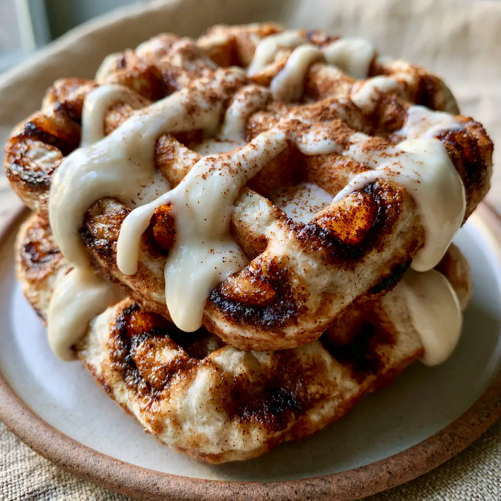 Close up of caramelized cinnamon brown sugar waffles showing the crispy charred edges and thick glaze ribbons.