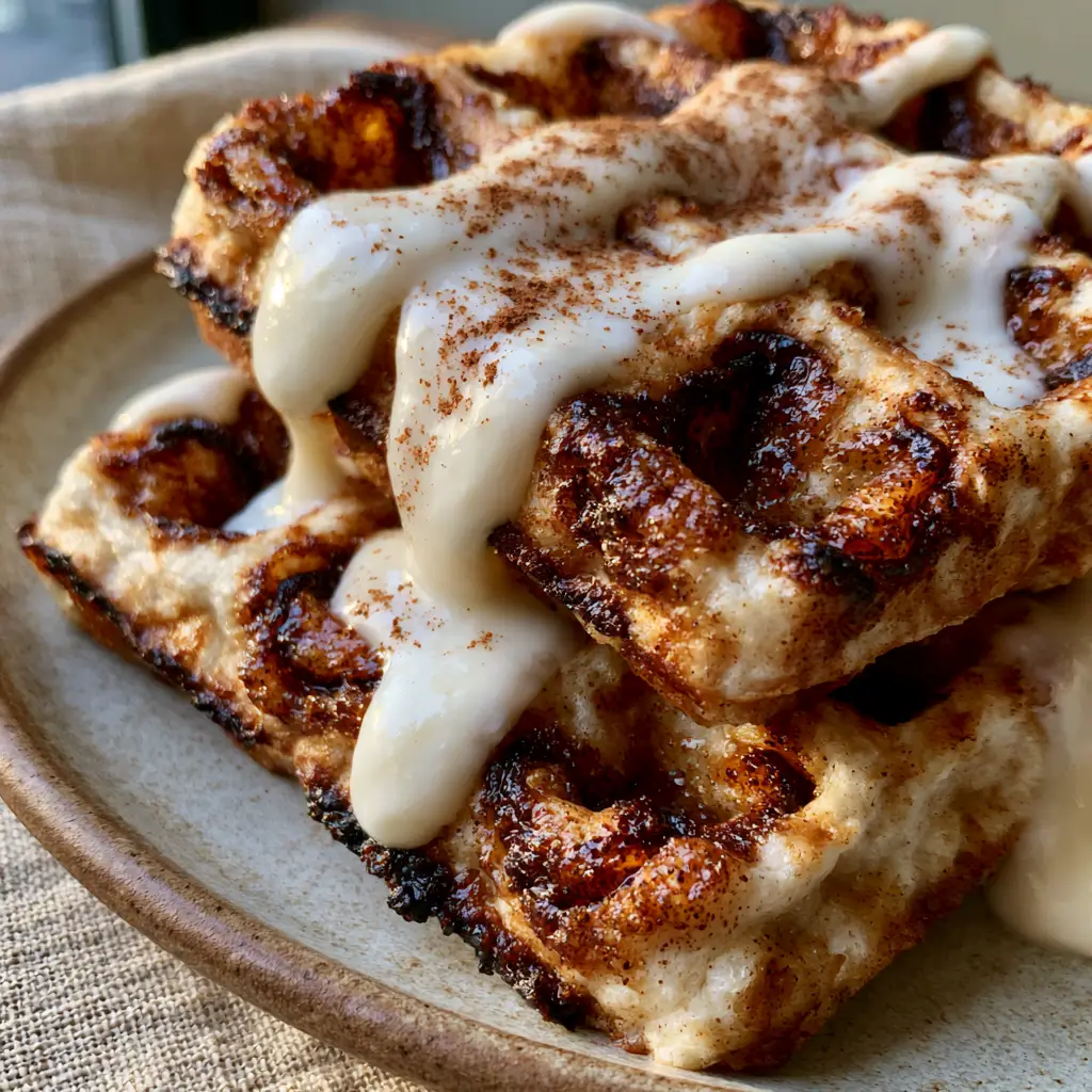 Side view of a stack of cinnamon brown sugar waffles with cream cheese glaze pooling in the square pockets.