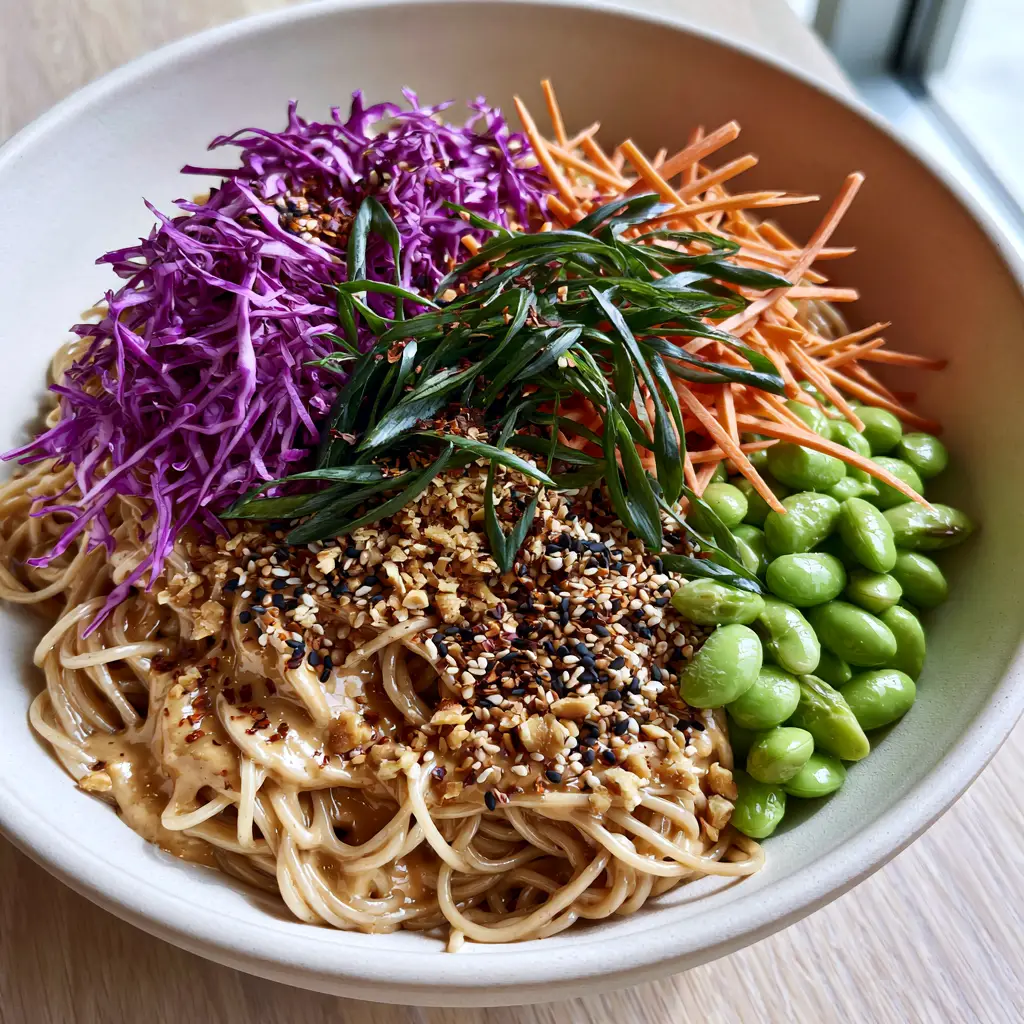 A smartphone photo of sesame noodle salad on a light wood surface with natural window lighting.