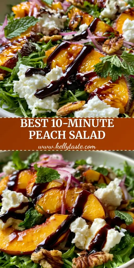 A top-down view of a vibrant peach feta salad in a matte white bowl featuring thick peach wedges, peppery arugula, and a glossy balsamic drizzle.