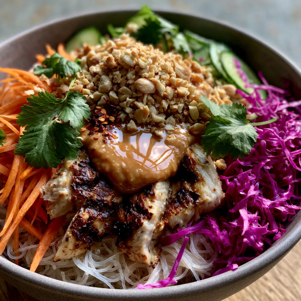 Close-up of translucent rice noodles topped with seared chicken breast, julienned carrots, and purple cabbage. (Cold Rice Noodle Salad with Chicken)