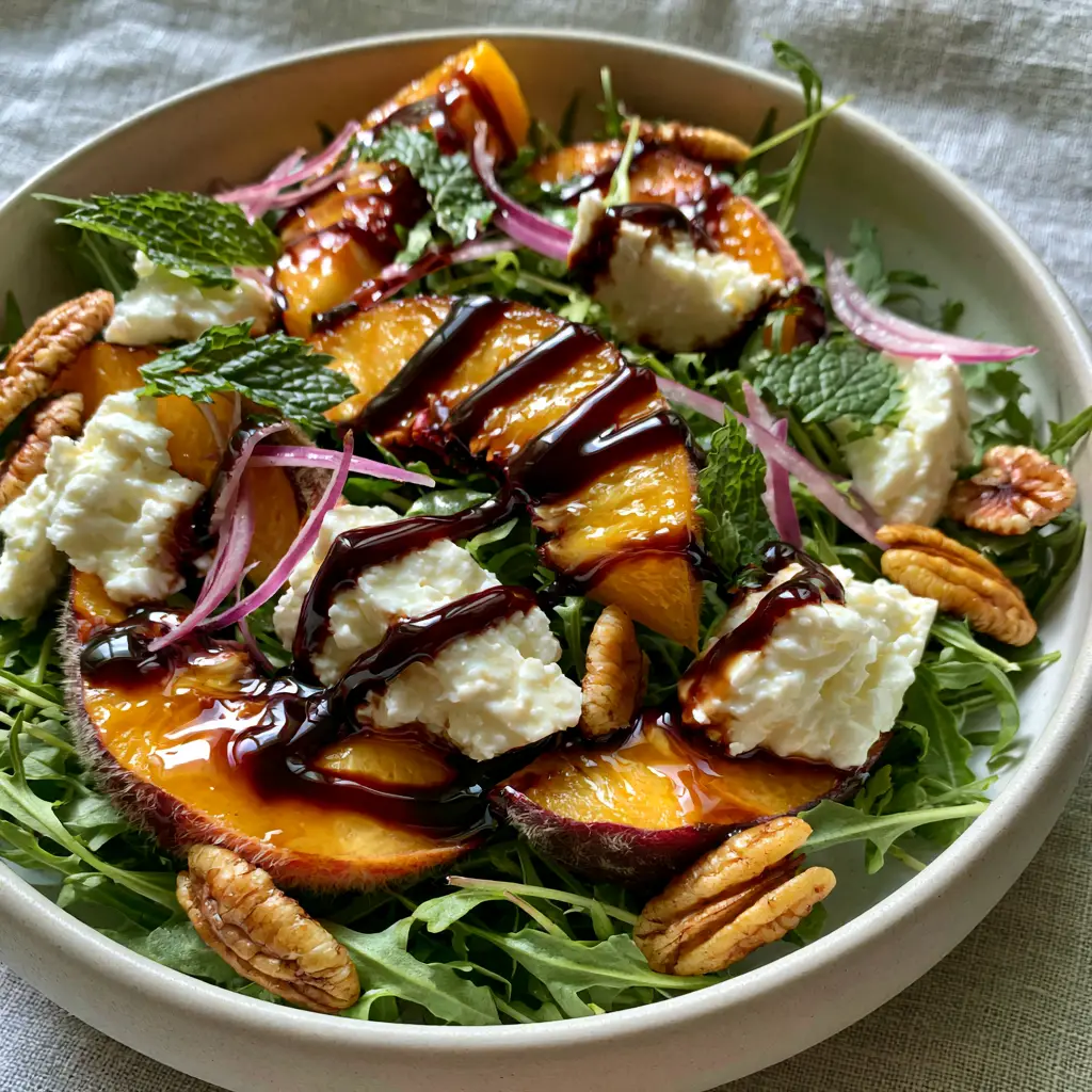 Ultra close-up of juicy peach wedges and large crumbles of white feta in a peach feta salad.