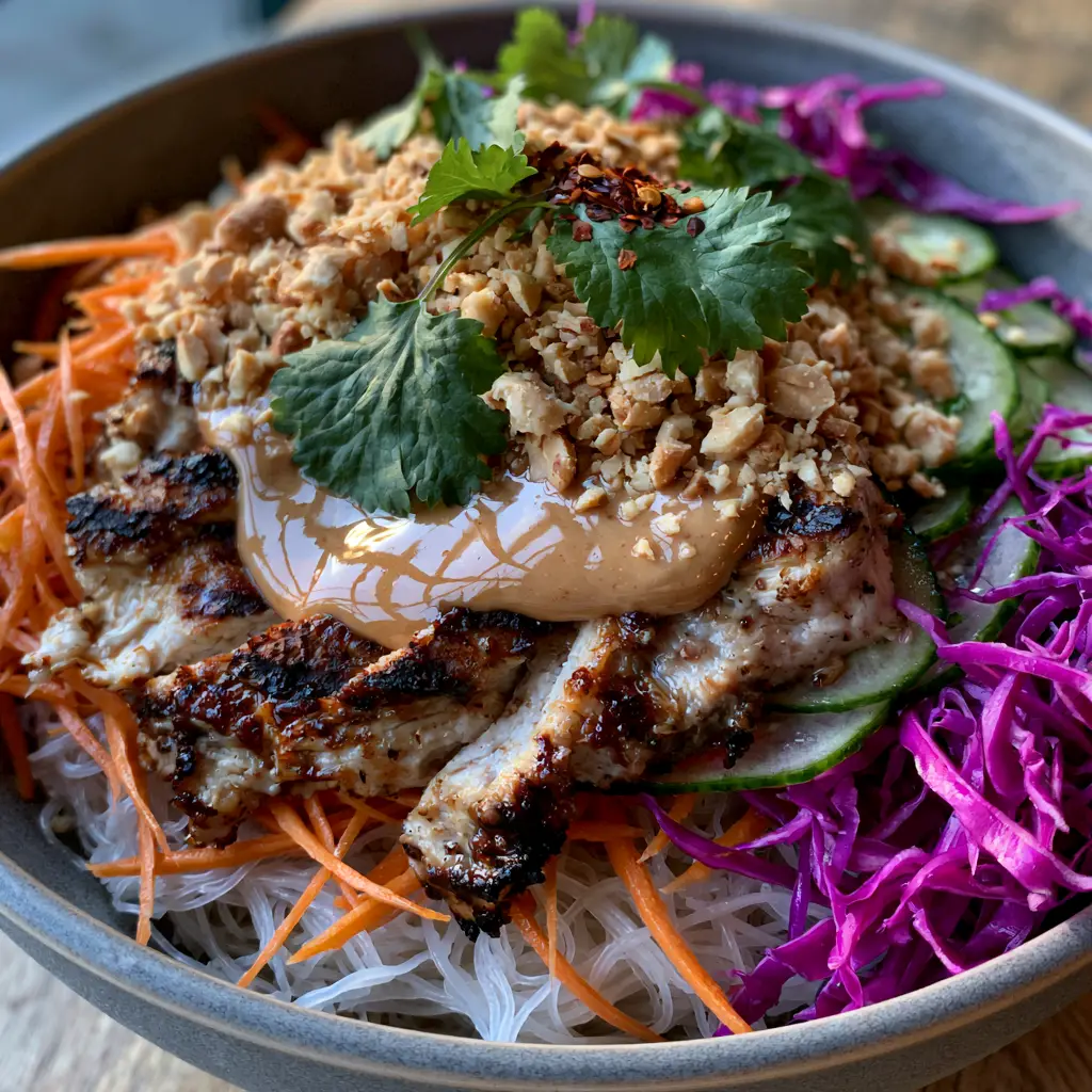 A glossy light-brown peanut sauce drizzled over a Cold Rice Noodle Salad with Chicken garnished with cilantro and crushed peanuts.
