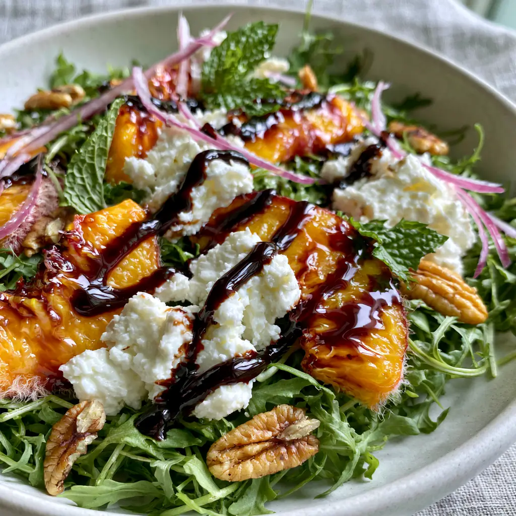 A handheld smartphone photo showing the glossy zig-zag drizzle of balsamic glaze over a peach feta salad.