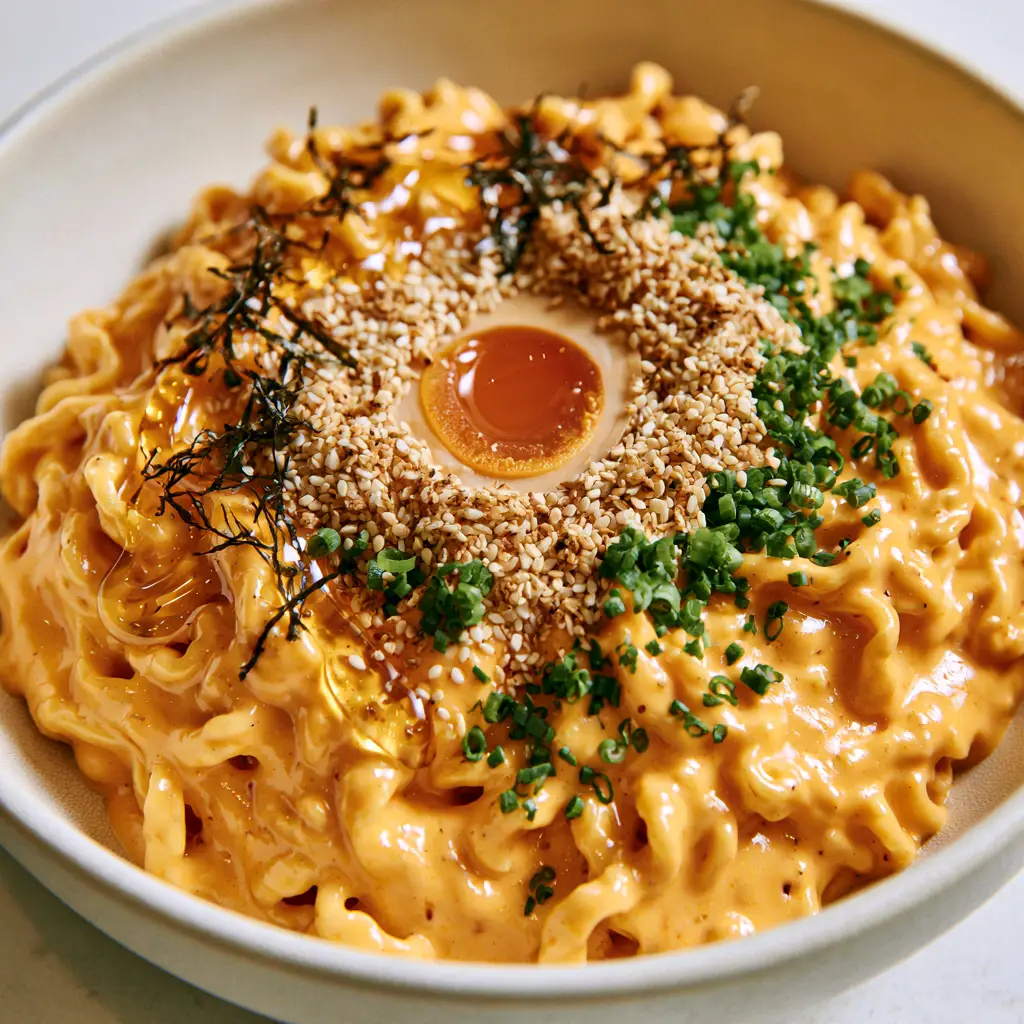 Extreme close-up of thick wavy Buldak noodles in a velvety pastel-orange sauce.