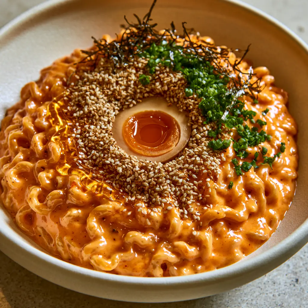 Side view of Buldak ramen showing the honey glaze shimmer and jammy egg yolk.
