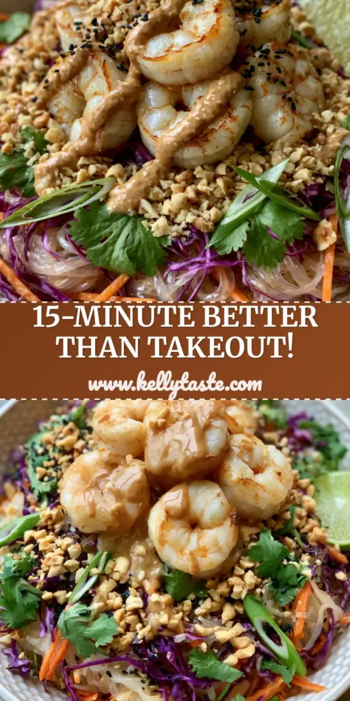 A vibrant Thai Shrimp Noodle Salad in a white ceramic bowl with seared jumbo shrimp, purple cabbage, and creamy peanut dressing. (Thai Shrimp Noodle Salad)