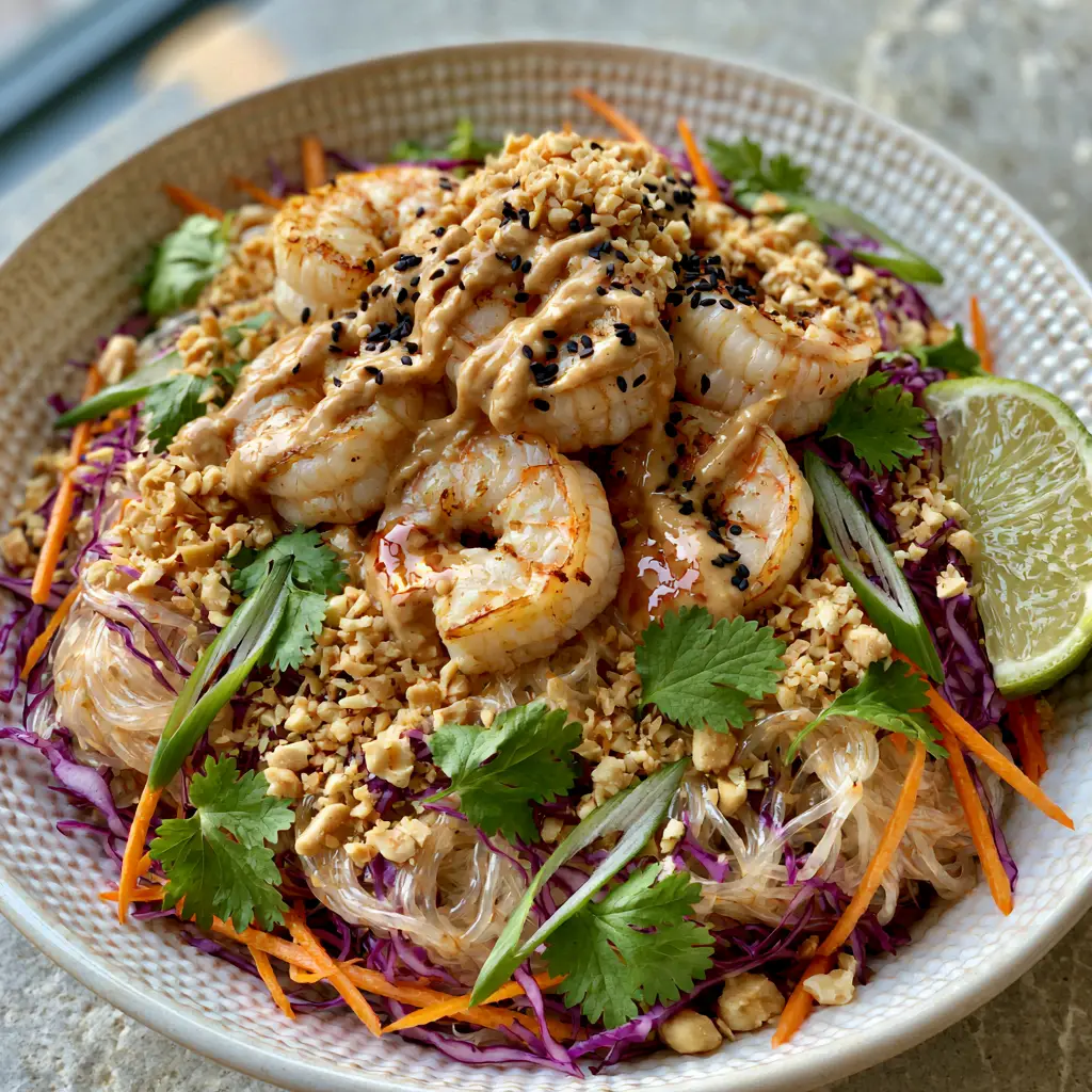 Close up of translucent rice noodles mixed with purple cabbage and orange carrots in a white bowl. (Thai Shrimp Noodle Salad)