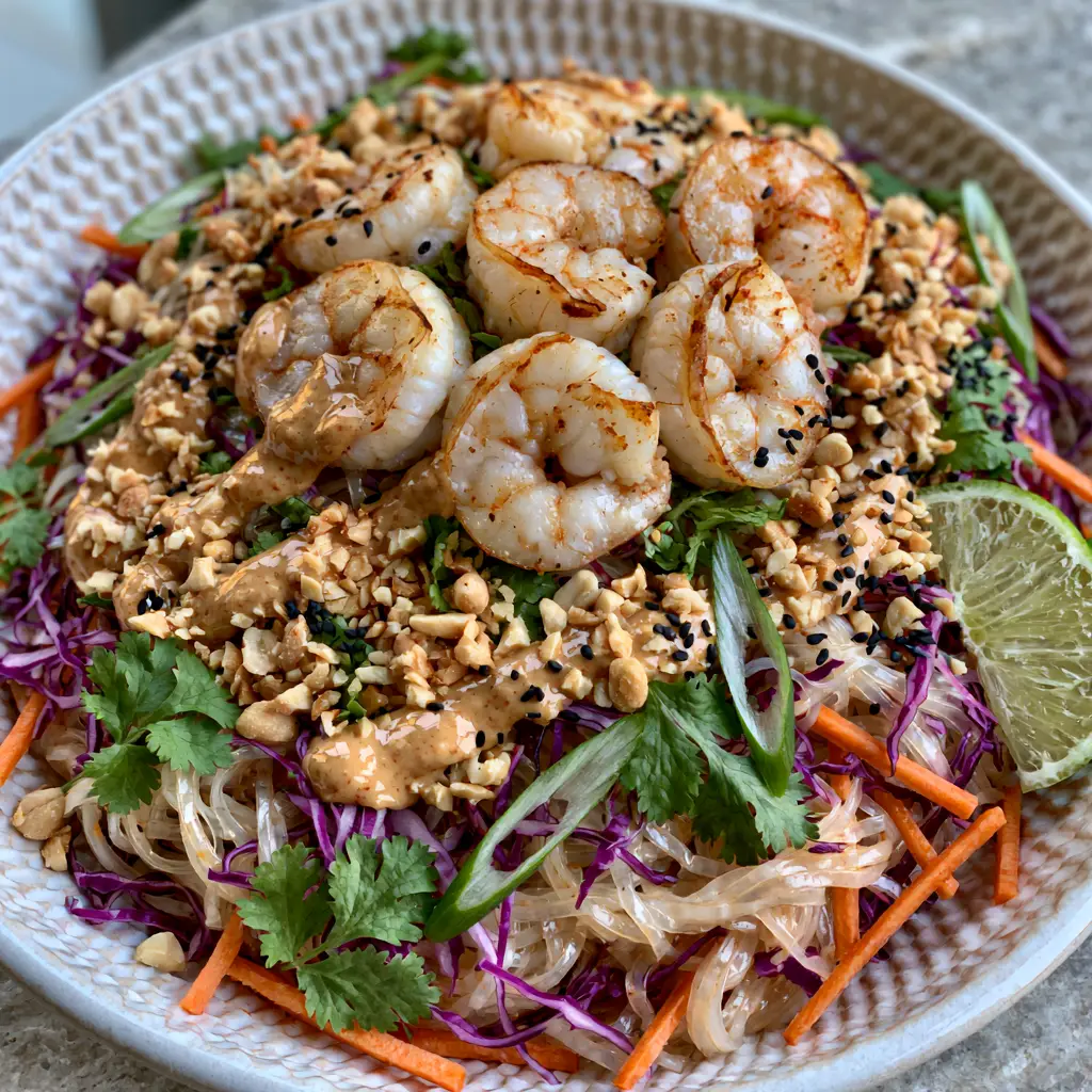 Artistic drizzle of tan peanut sauce over five perfectly seared jumbo shrimp on a bed of noodles.