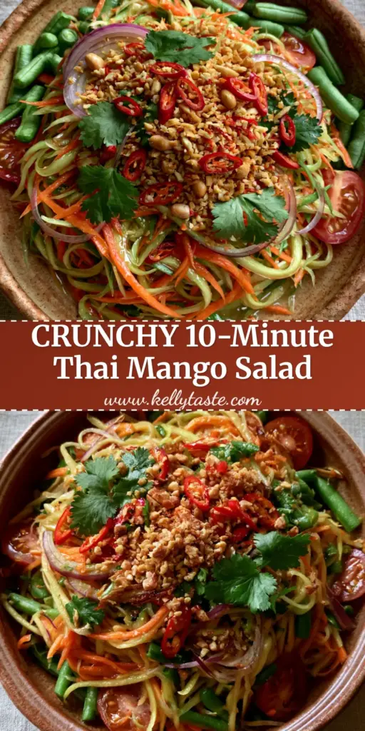 A top-down shot of Thai Mango Salad in a terracotta bowl with shredded green mango, peanuts, and red chilies.