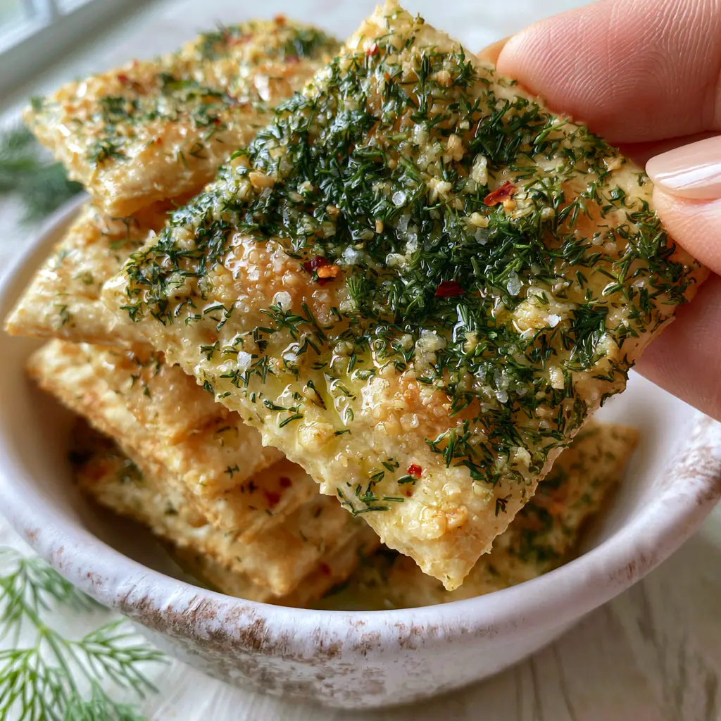 Close-up of a hand holding a single Dill Pickle Saltine, showing the glistening oil, dried dill weed, and sea salt crystals. (Dill Pickle Saltines)