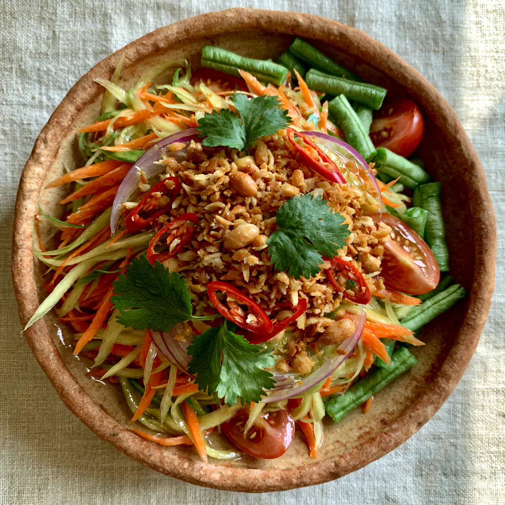 Close-up of shredded green mango ribbons and julienned carrots in a Thai Mango Salad.
