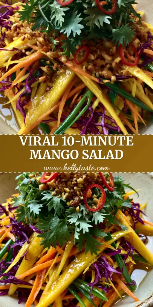 A vibrant Thai Mango Salad in a rustic cream bowl with julienned mango, purple cabbage, and crushed peanuts. (Mango Salad)