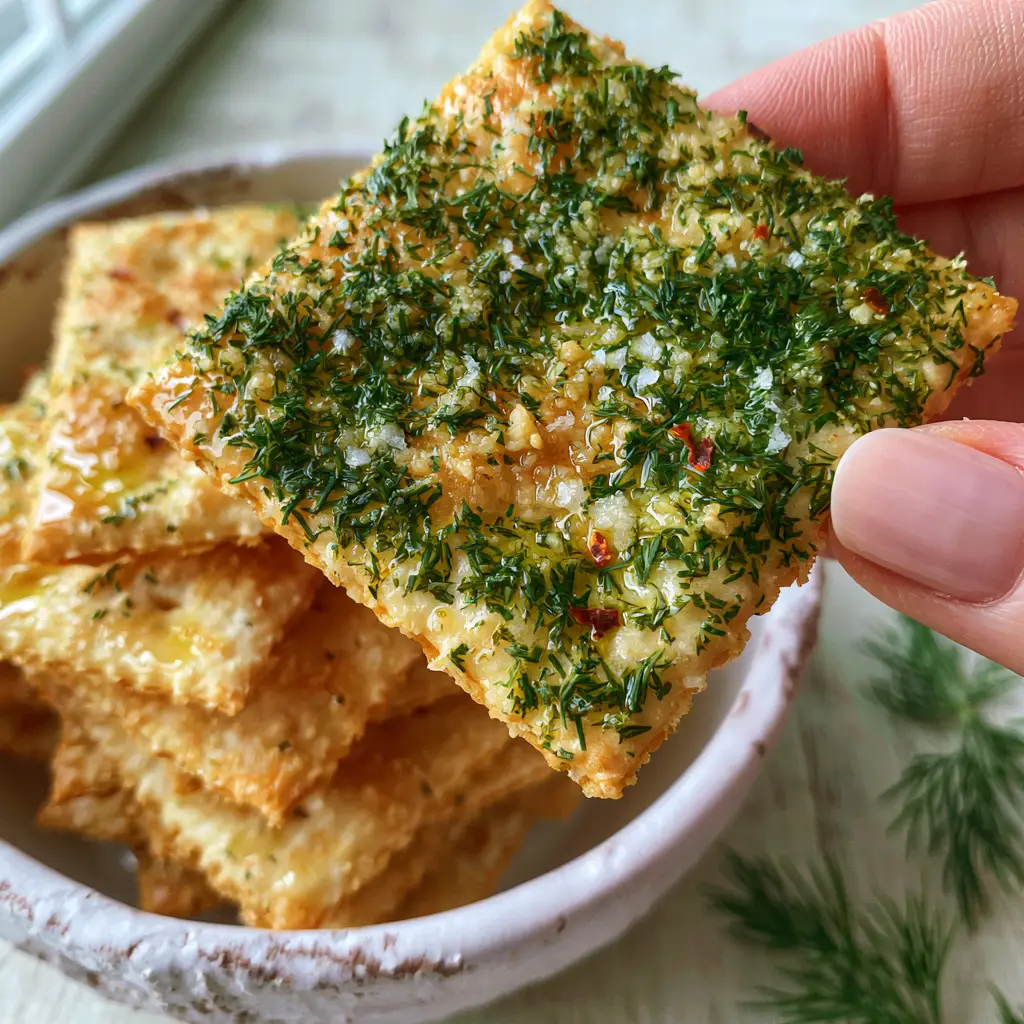A stack of golden-brown Dill Pickle Saltines on a wooden table with fresh dill sprigs scattered around. (Dill Pickle Saltines)