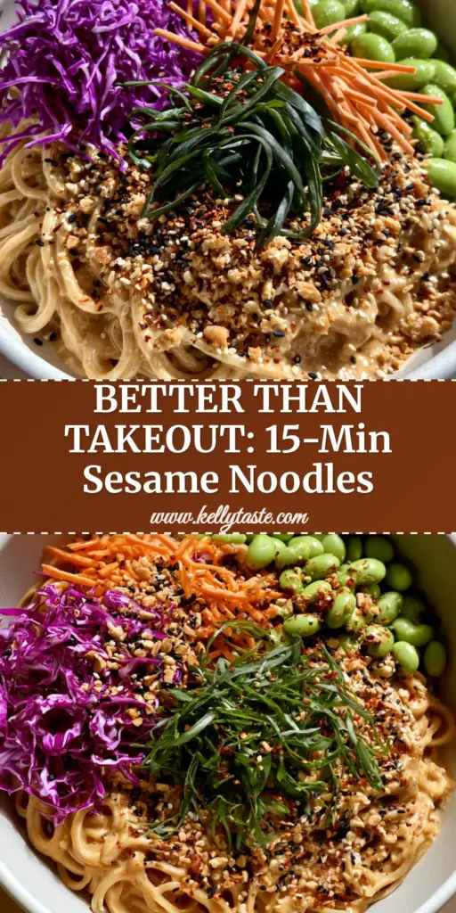 Top-down view of a matte-white bowl filled with glossy sesame noodle salad, featuring purple cabbage, carrots, and edamame.