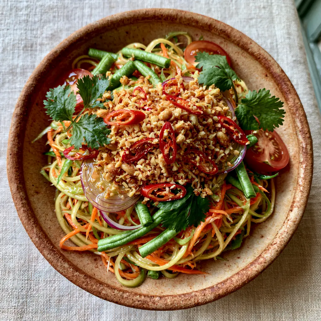 Thai Mango Salad topped with crushed toasted peanuts, sliced bird eye chilies, and cilantro.
