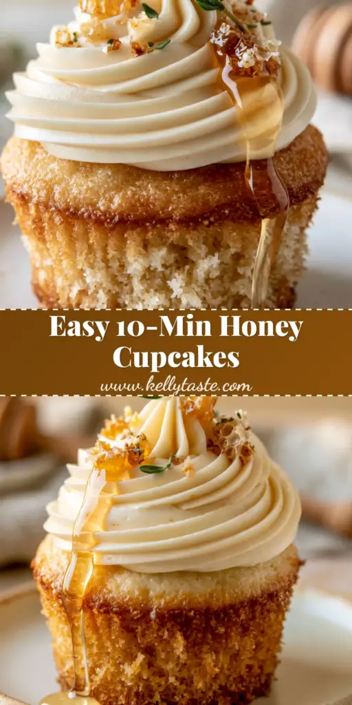 A close-up vertical shot of a honey cupcake with thick golden honey drizzle, honeycomb bits, and a thyme sprig on a rustic plate. (honey cupcakes)