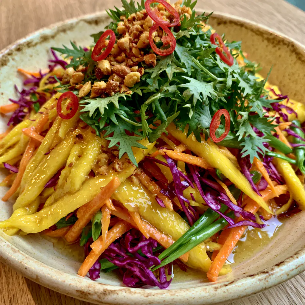 Close-up of julienned mango and purple cabbage ribbons coated in glossy dressing. (Mango Salad)