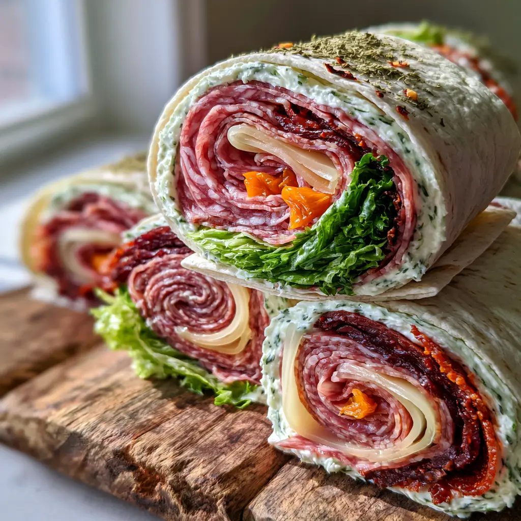 Top-down view of Cheesy Italian Pinwheels showing clear cross-sections of marbled meat and bright orange peppers.