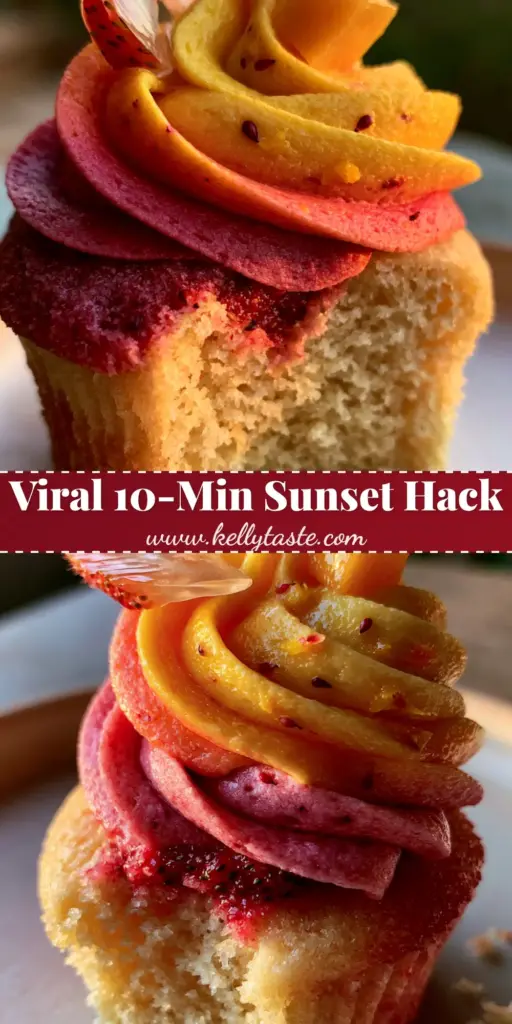 A close-up eye-level shot of mango strawberry sunset cupcakes with a two-tone ruby and gold ombre frosting swirl on a ceramic plate.