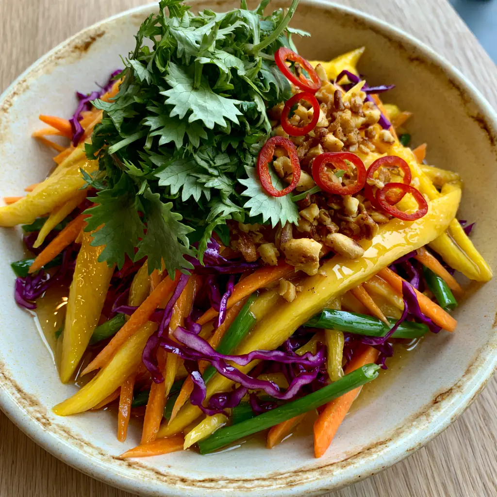 Top-down view of Mango Salad garnished with cilantro, red chilies, and black sesame seeds.