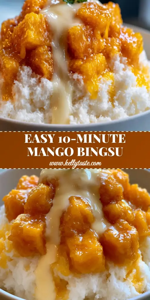 An extreme close-up of Mango Bingsu in a white bowl with glistening mango chunks and condensed milk drizzle.