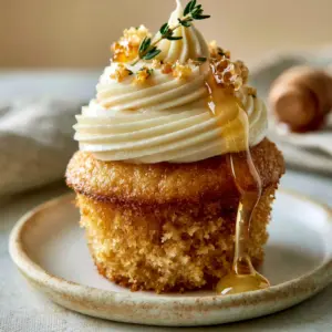 Eye-level shot of a moist honey cupcake with pale buttercream and a slow-cascading honey drizzle. (honey cupcakes)