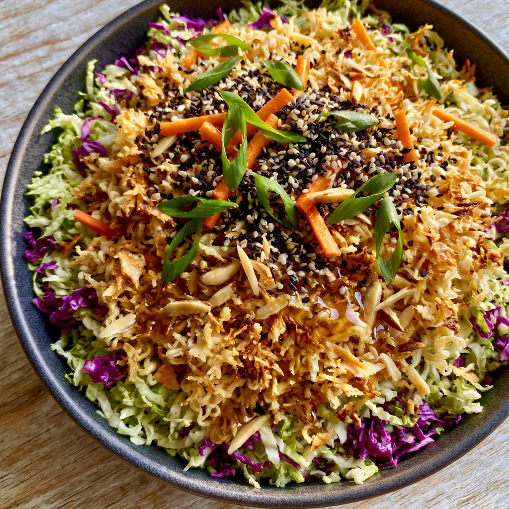 Top-down view of Ramen noodle salad with toasted almonds, sesame seeds, and matchstick carrots on a light wood surface.