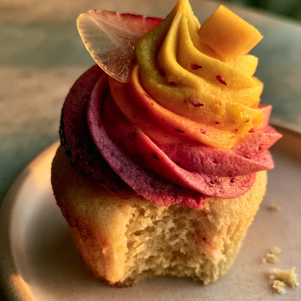 Detailed shot of a gourmet cupcake with a missing bite showing the moist pale gold crumb and ombre buttercream. (mango strawberry sunset cupcakes)