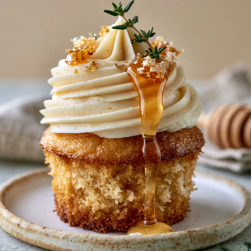 Close-up of the stiff honey buttercream swirl with crisp piped ridges and honeycomb garnish. (honey cupcakes)