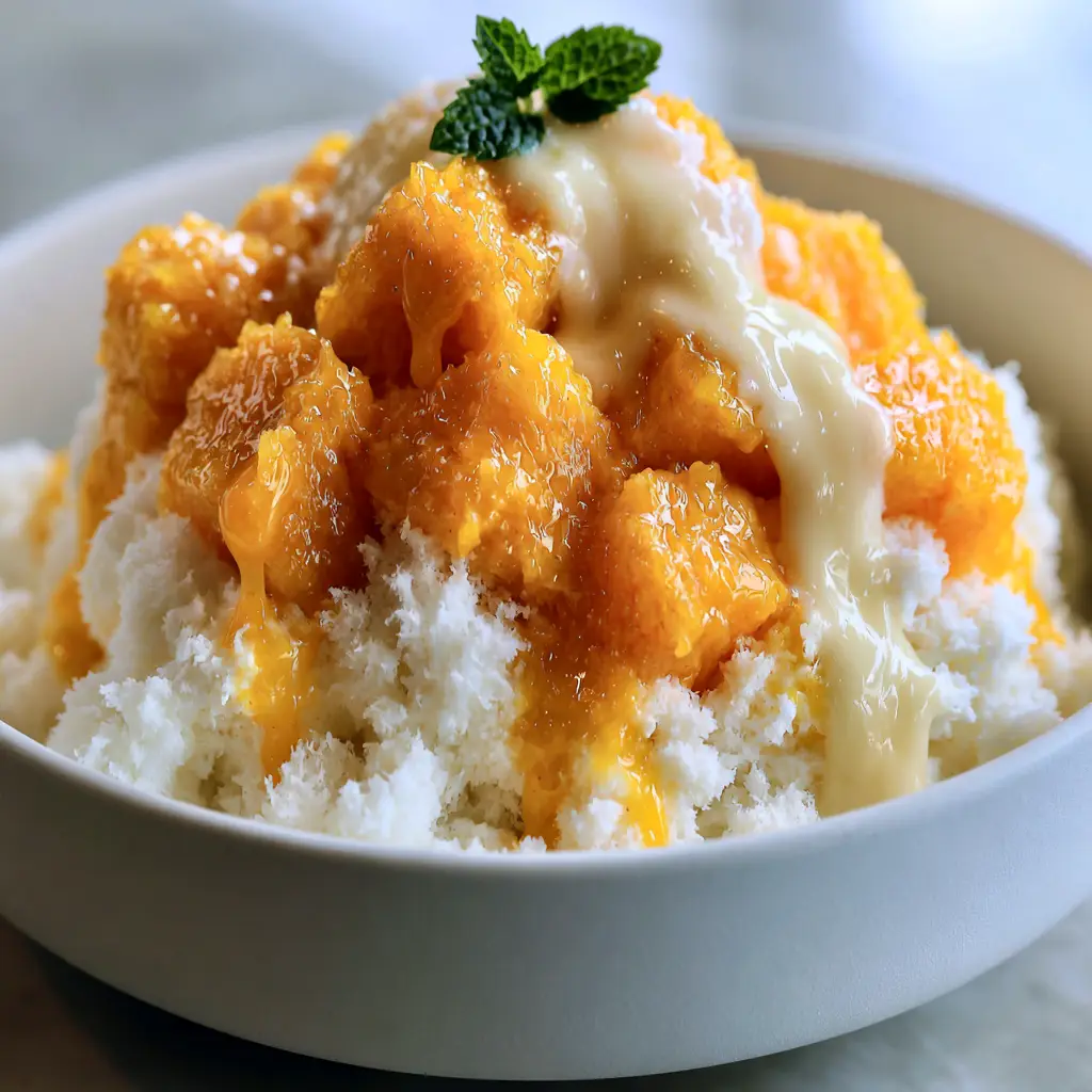 A close-up shot of fluffy crystalline milk ice flakes for mango bingsu.