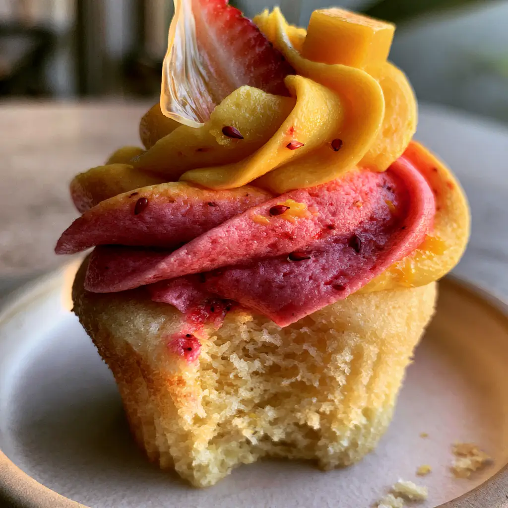 Close-up of the velvety two-tone buttercream swirl with strawberry seeds and mango pulp flecks. (mango strawberry sunset cupcakes)