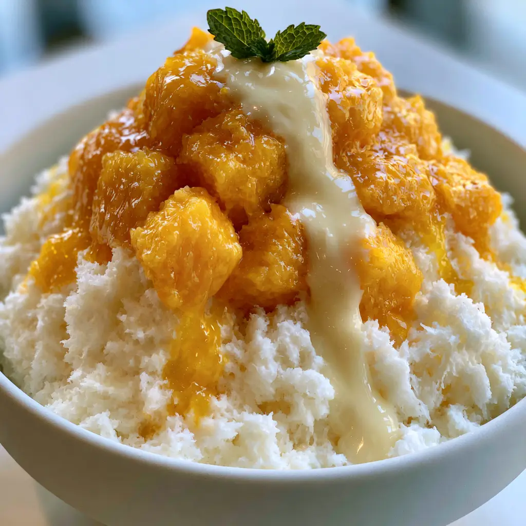 Glossy ribbons of sweetened condensed milk being drizzled over a mango bingsu bowl.