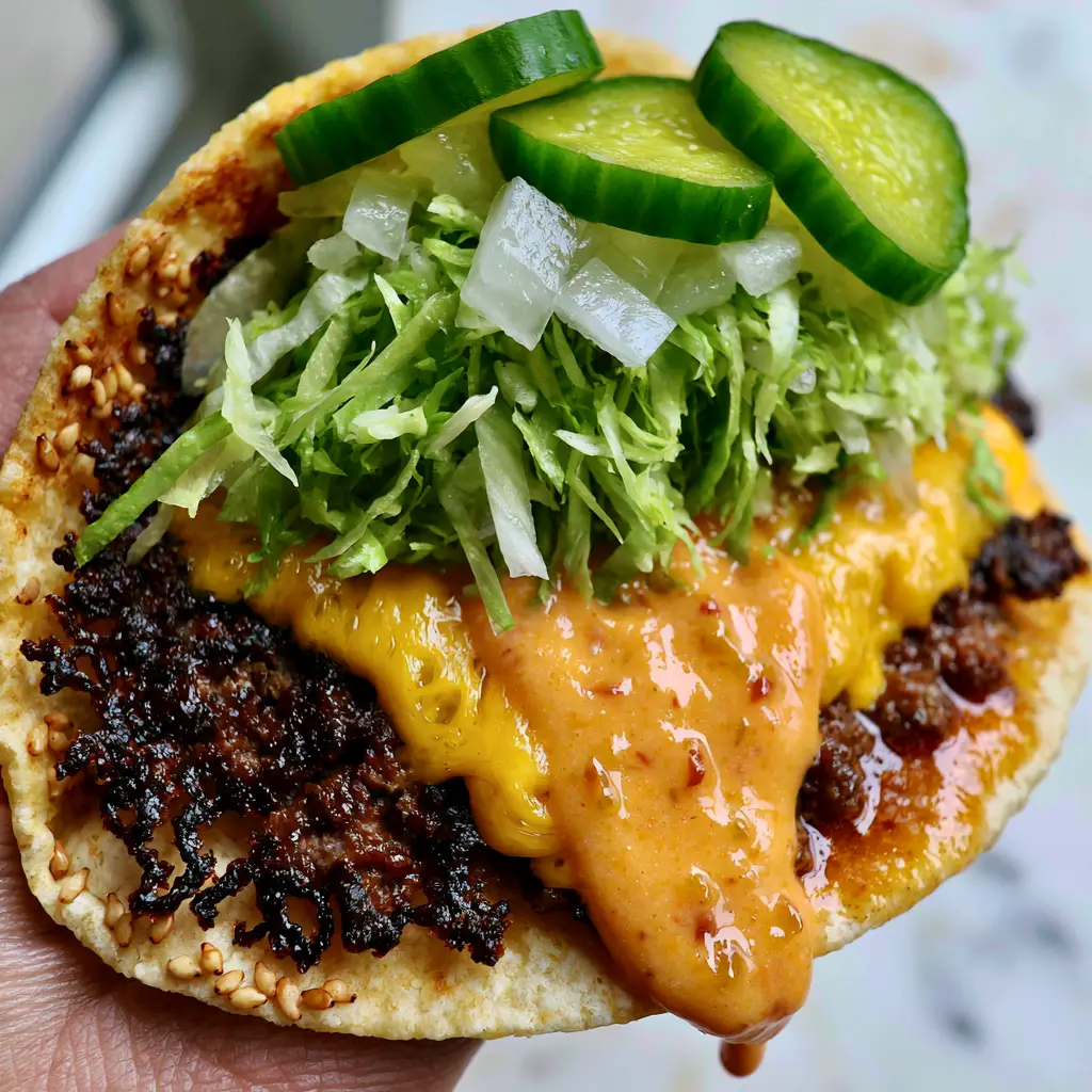 Extreme macro close-up of a Smash Taco showing the lacy caramelized beef edges and dripping orange sauce. (Smash Tacos)