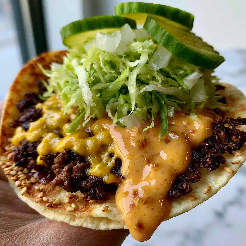 A hand holding a toasted Smash Taco topped with shredded lettuce, onions, and dill pickles. (Smash Tacos)