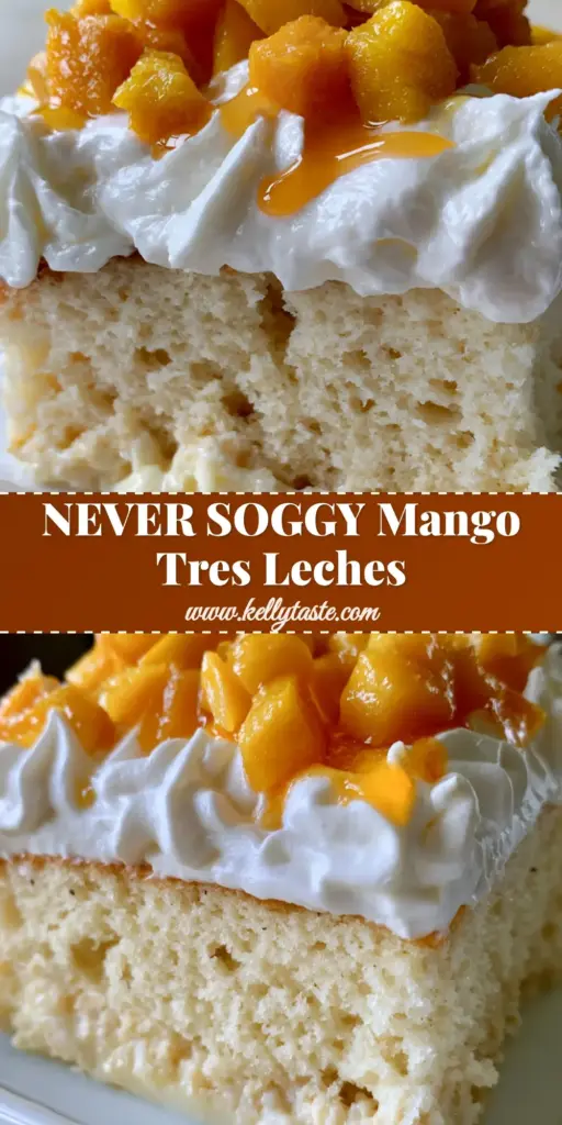 A tall slice of mango tres leches cake on a white plate with fresh mango cubes and mint sprig.