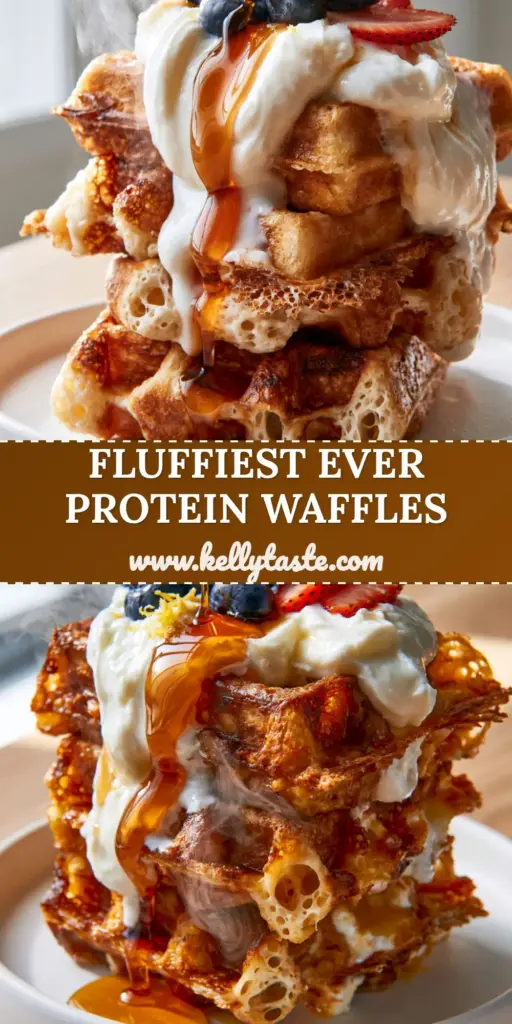 A vertical stack of three crispy greek yogurt waffles topped with melting yogurt, blueberries, strawberries, and maple syrup drizzle on a white plate.