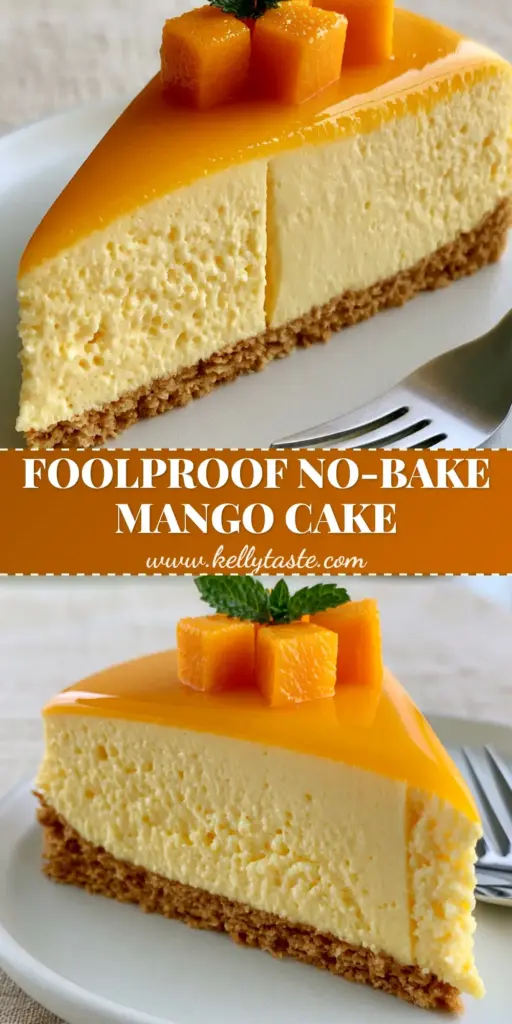 A sharp-edged slice of mango mousse cake with three layers on a white plate with a silver fork. (mango mousse cake)