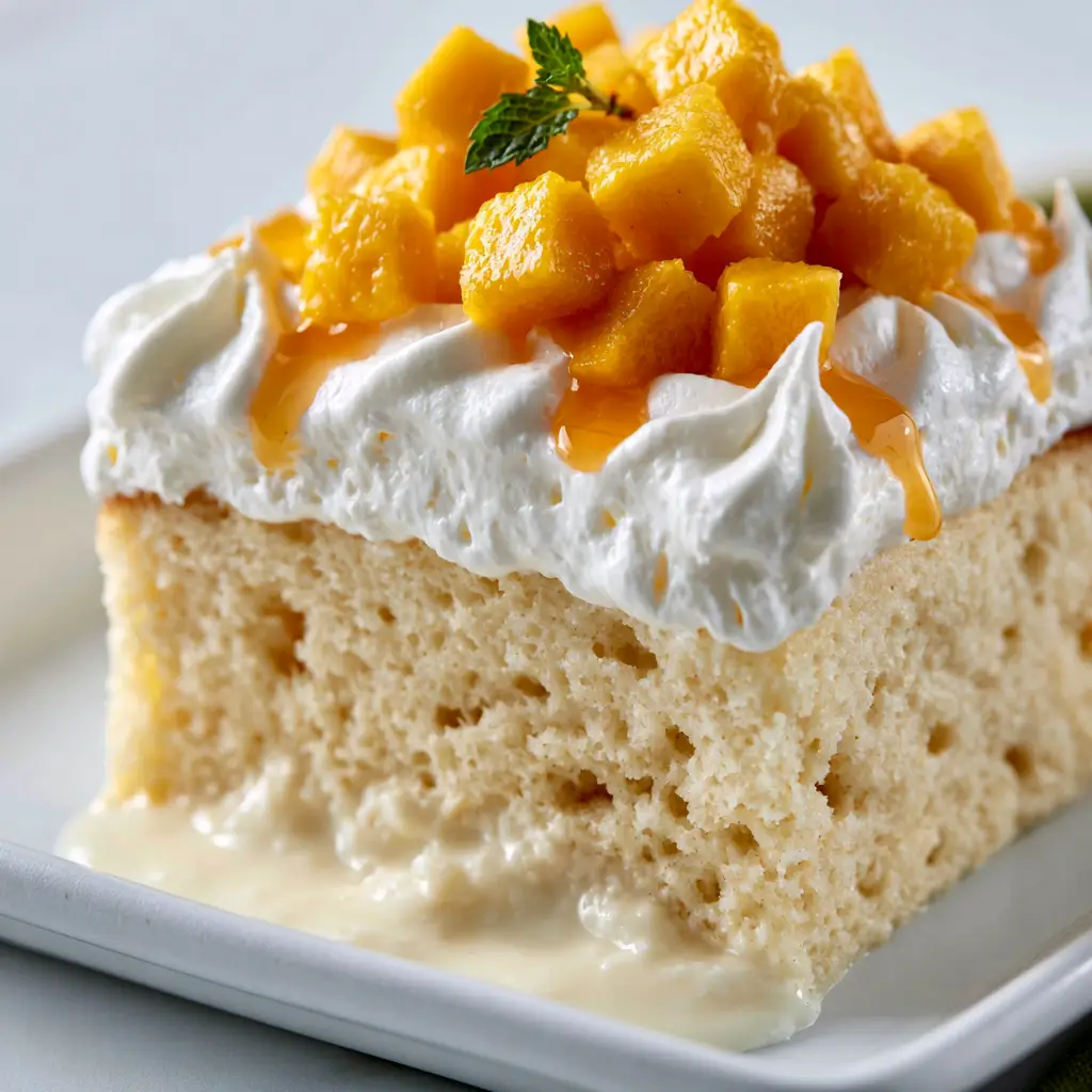 Macro view of a mango tres leches cake slice showing the moist sponge and thick cream layer.