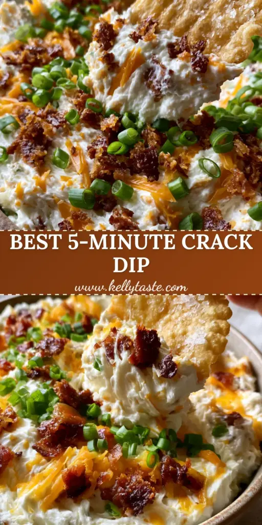 A hand dipping a thick ruffled potato chip into a rustic bowl of loaded cold chip dip with bacon, cheese, and scallions. (Cold chip dip recipes)