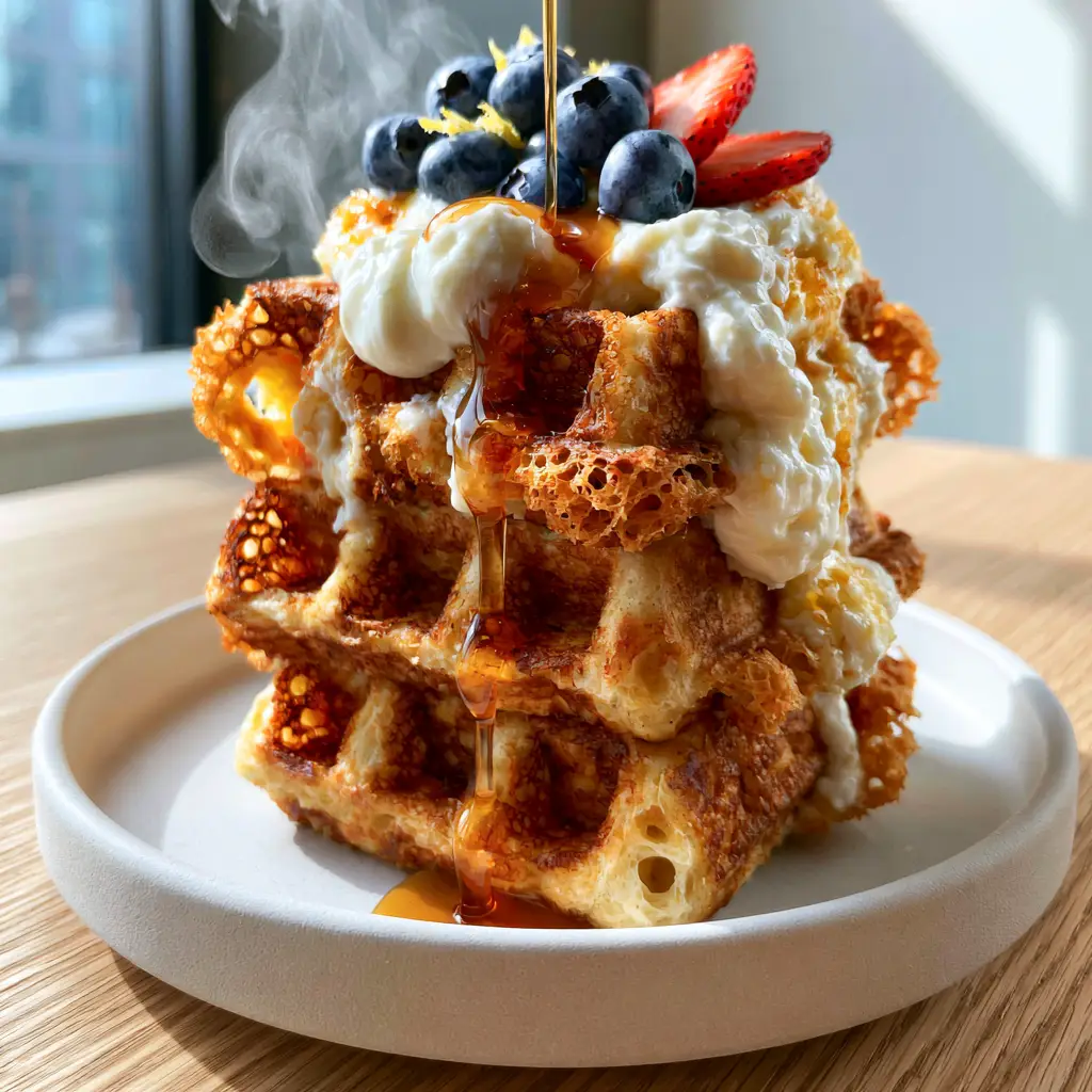 A close-up shot of golden-brown greek yogurt waffles with deep pockets and visible steam on an oak table.