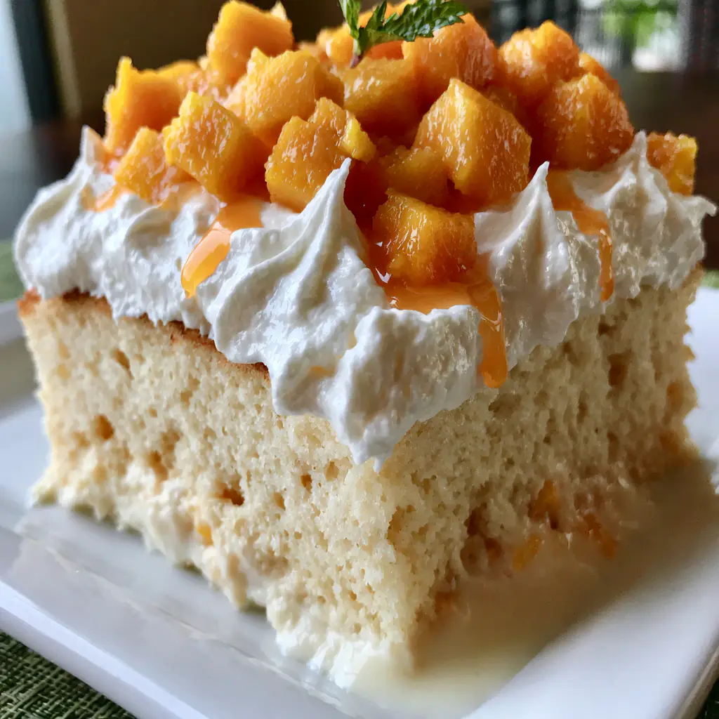 Low angle photo of mango tres leches cake with glistening orange mango cubes and lime zest.