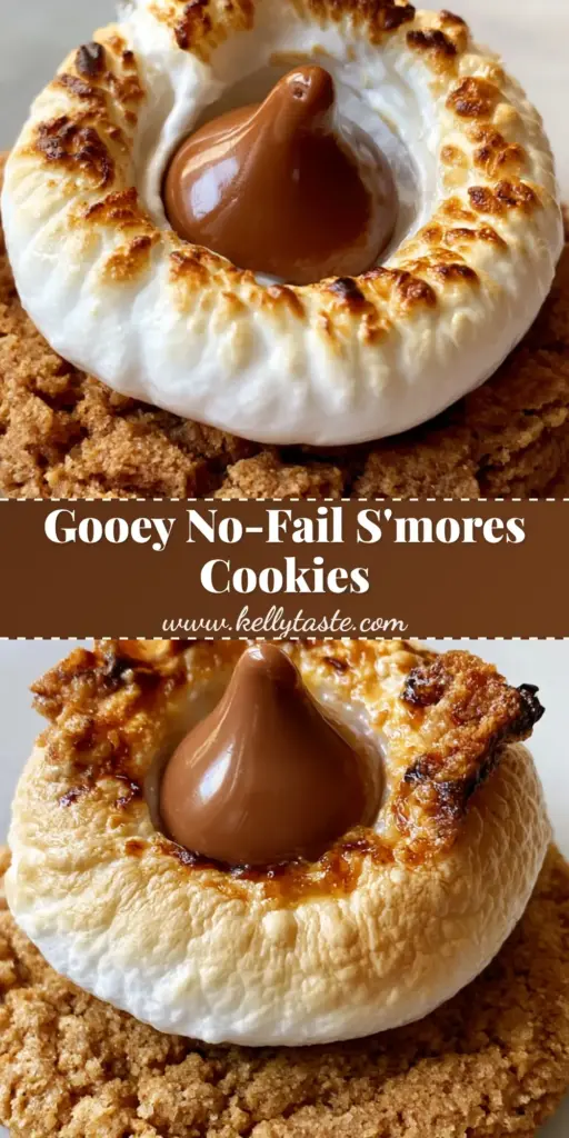 A close-up vertical shot of a warm s'mores blossom cookie with a charred marshmallow and melting milk chocolate Kiss.