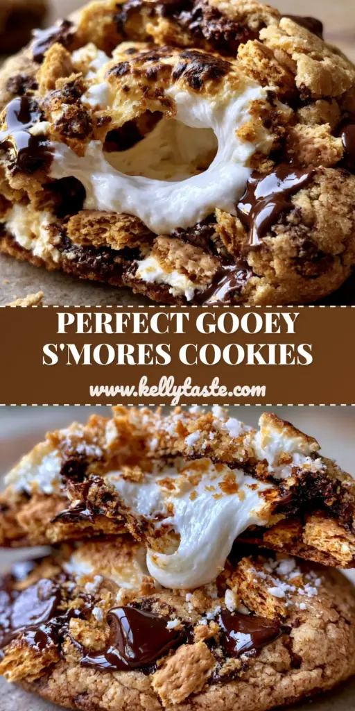 A stack of freshly baked s'mores chocolate chip cookies with toasted marshmallows and melting dark chocolate on a rustic wooden background.