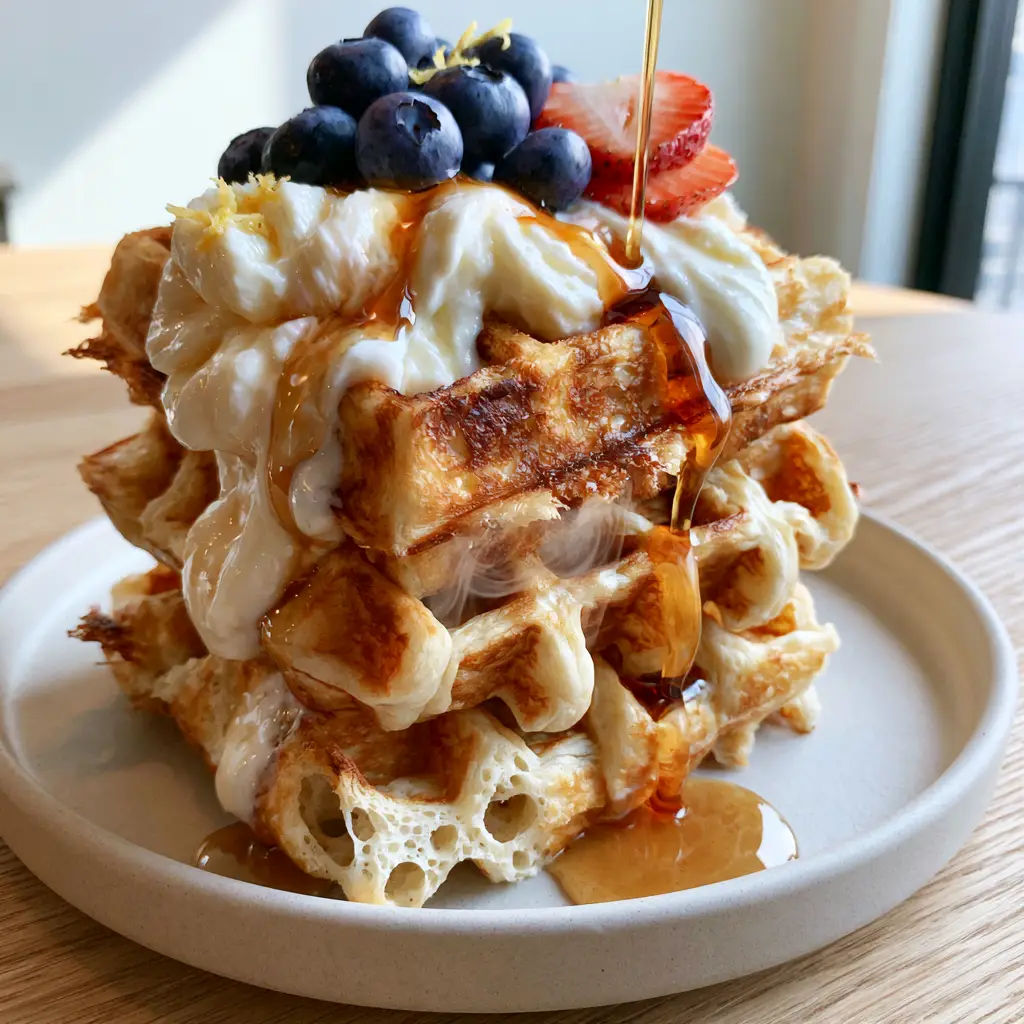 A beautiful stack of three greek yogurt waffles with syrup pouring over the edges in a bright kitchen setting.